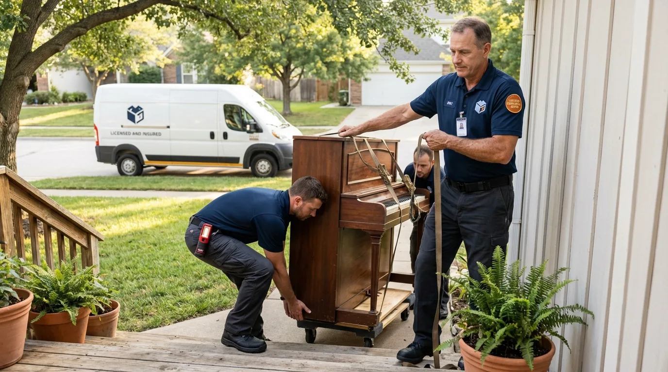 Licensed piano movers securing grand piano in Hobart, OK