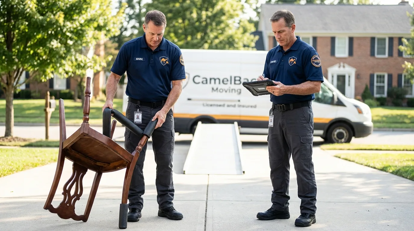 Movers inspecting furniture for damage prevention before loading in Hobart, OK