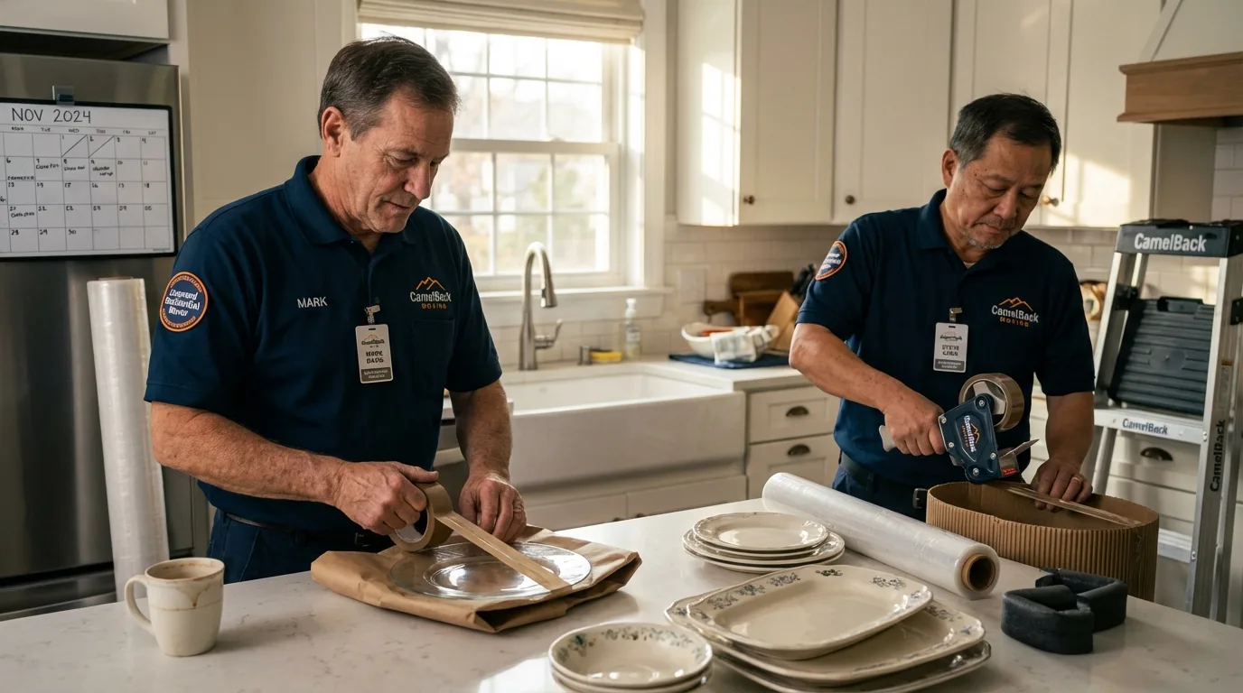 Professional crew packing kitchen dishware in Hobart, OK